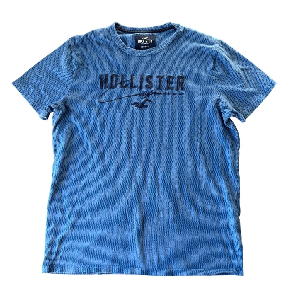 Hollister Logo Waffle Knit Tee Mens L Blue Y2K Streetwear Coastal Surf Nostalgia